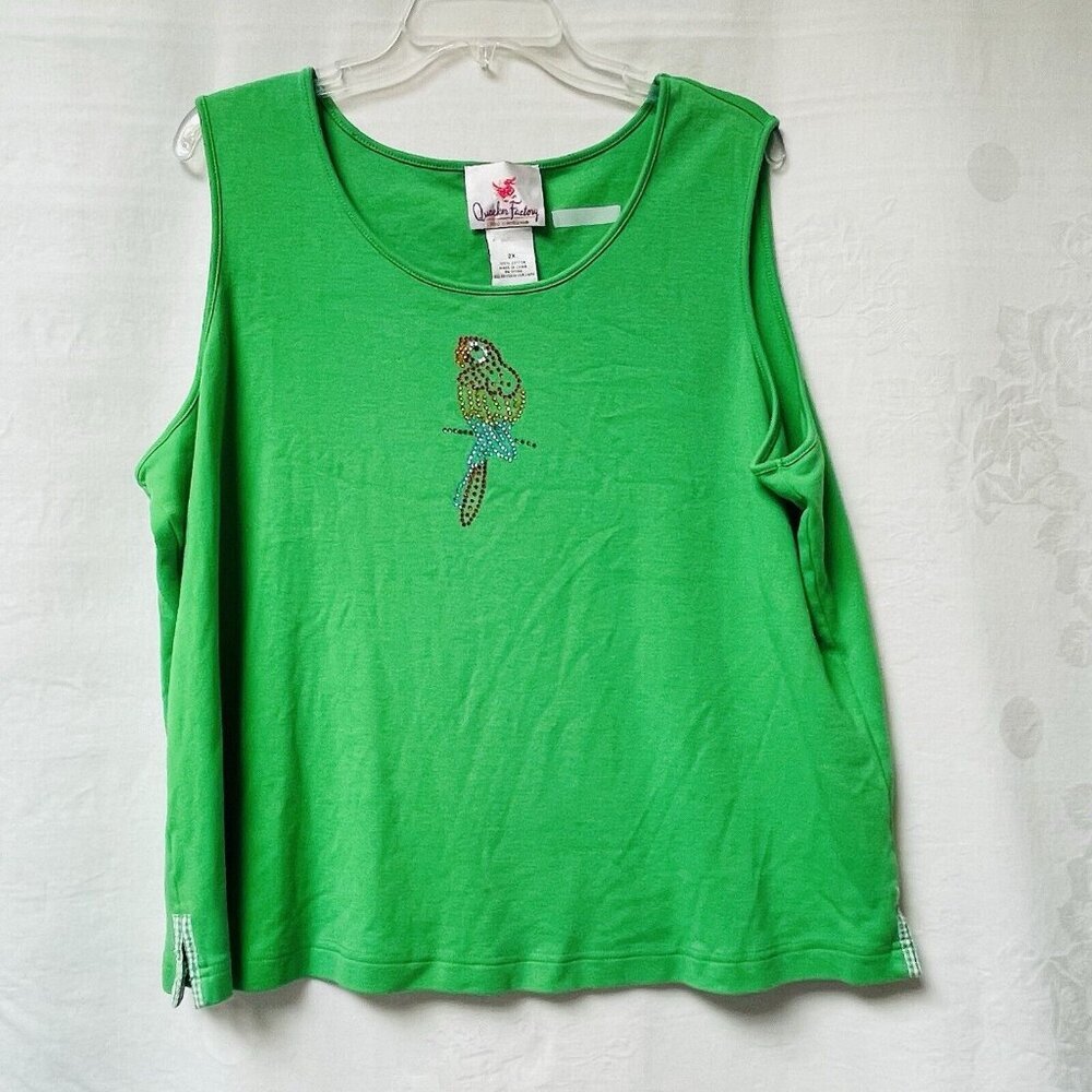 Quaker Factory Tank Top Womens Plus 2X Green Embellished‎ Rhinestone Parrot Bird